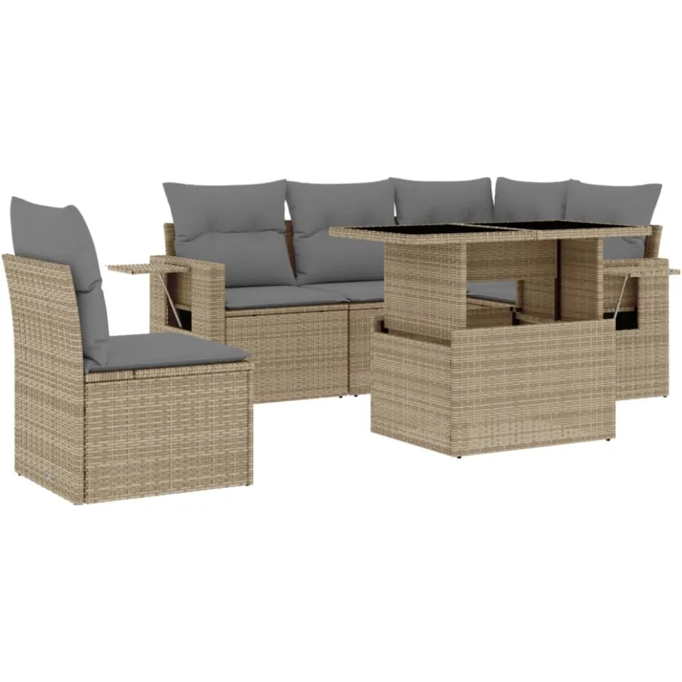 vidaXL 6-delige Loungeset met kussens poly rattan beige, foto 3