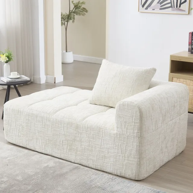 MIVRAY Chaise Longue – Wolkzacht Met Kussen En Zijvakken – Voor Woonkamer En Slaapkamer – Chenille Beige