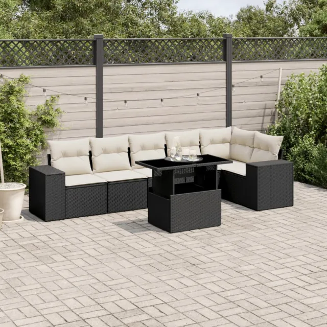 vidaXL 7-delige Loungeset met kussens poly rattan zwart, foto 2