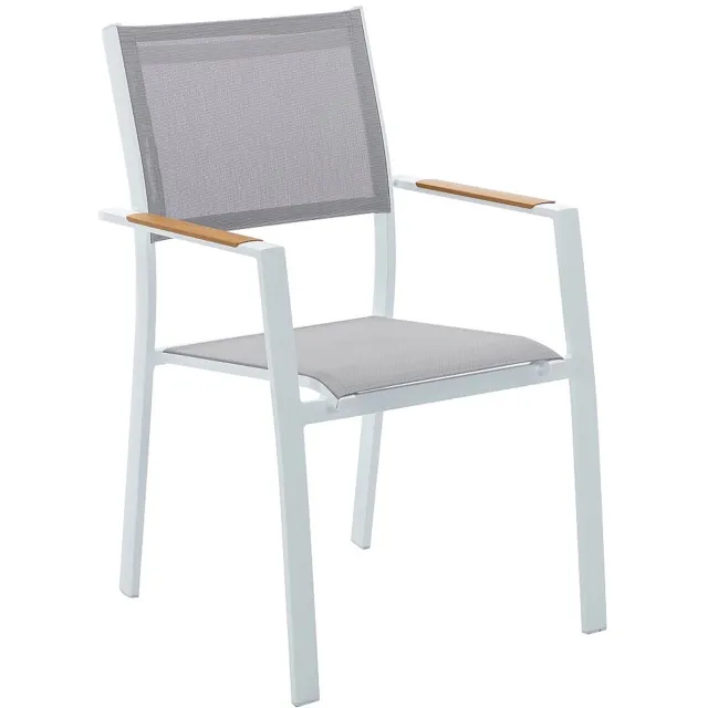 Vente-unique Tuineethoek in aluminium: een vierkante tafel B 140 cm en 4 stapelbare fauteuils - Natuurlijk licht en grijs - MACILA van MYLIA Wit