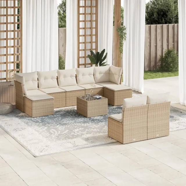vidaXL 10-delige Loungeset met kussens poly rattan beige, foto 2