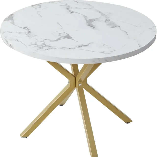 Vurnomi Eettafel - Eettafel marmerlook - Ronde eettafel - Keukentafel - Eettafel 4 personen - Gouden poten - 100 CM - Wit en Goud