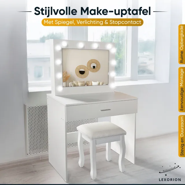 Lexorion Elegante Witte Make-up Tafel met LED Verlichting - Kaptafel, Eenvoudige Montage, Verstelbare Verlichting en Ruime Opbergruimte!