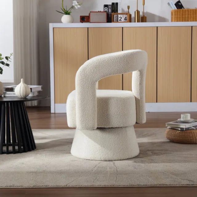 REDOM Fauteuil - 360 graden draaibaar - Met armleuningen - Bouclé bekleding - Designstijl - Woonkamer slaapkamer of werkkamer - Metaal en hout - Beige - 67 x 57 x 74 cm