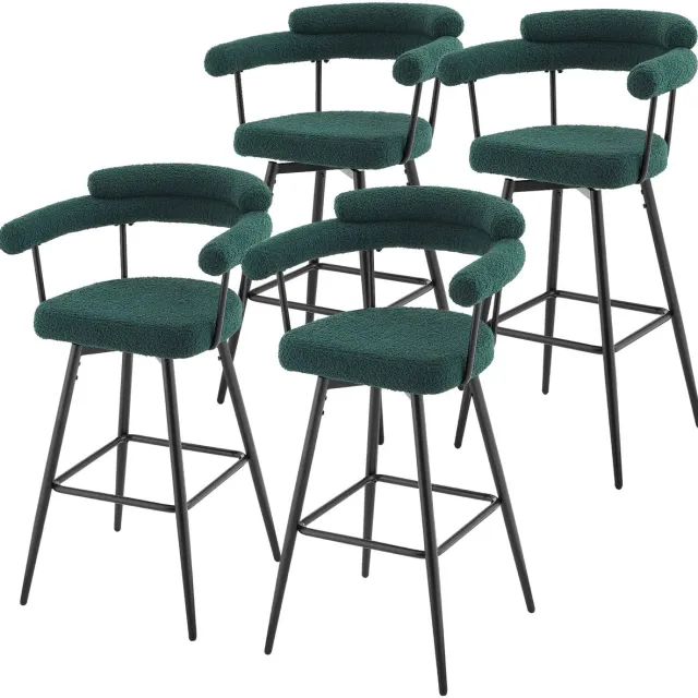 ml-design draaibare barkrukken set van 4 donkergroen teddy gestoffeerde keukenstoelen met armleuning rugleuning voetsteun 360 graden draaibaar hoge barkrukken bistrokrukken moderne barstoelen comfortabele keukenkrukken stalen frame rond design