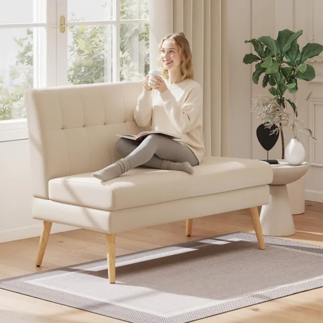 MODFU 2-Zitsbank - Getufte Rugleuning - Modern - Voor Kleine Ruimtes - Rubberhout - Beige - 118 x 68 x 90 cm