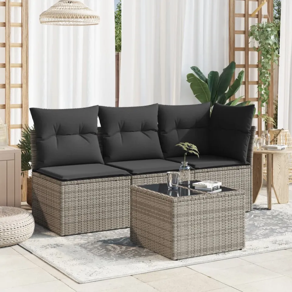 vidaXL Tuintafel met glazen blad 55x55x37 cm poly rattan grijs, foto 2