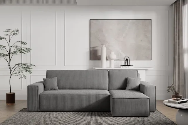 Seatsandbeds Hoekbank Carlos Grijs - Hoeksalon Met Bed en Opbergruimte Corduroy Ribstof - Karl hoekzetel Universele lounge links of rechts - Seatsandbeds