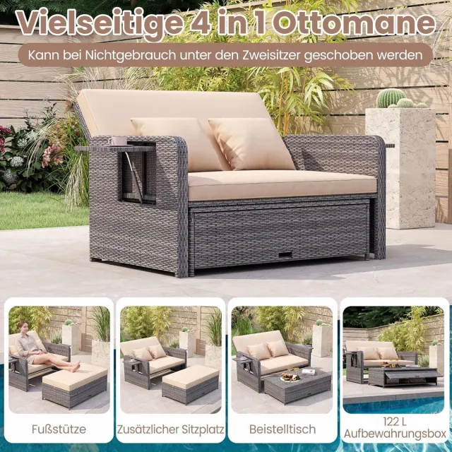 Laura Rotan Ligstoel 3-in-1 Loungeset 166x166x55 cm – Verstelbare Dubbele Tuinbank met Voetenbank, Kussens & Opbergruimte – PE Rotan Balkon & Terras Dagbed Grijs Gemêleerd Beige – Laura