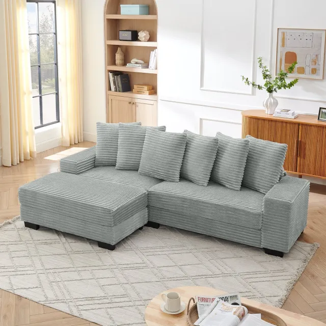 HAUSS SPOLE Sofa - Hoekbank L-Model - Omkeerbare Chaise Longue Links/Rechts - Modulair Met 6 Kussens & Hoge Veerkrachtige Rug - 256.5x133.5x89 cm - Corduroy Grijs