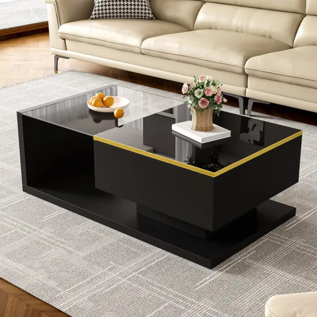 COVREO Salontafel 90x50x32,5 cm - zwart hoogglans met glasplaat, LED-verlichting en opbergruimte