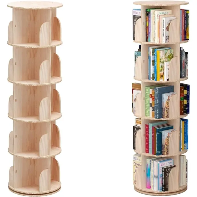 S-S Roterende Boekenkast 360° - Vrijstaand Houten Boekenrek Met 5 Planken - Multifunctionele Draaibare Boekentoren Voor Kinderen En Volwassenen - Ruimtebesparende Opbergkast Voor Woonkamer, Slaapkamer En Kantoor beige