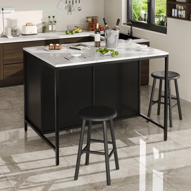 DESMIU Statafel - Moderne Keukentafel Met Marmerlook En 2 Lades - Voor Keuken En Eetkamer - MDF - 100x90x90 Cm - Zwart