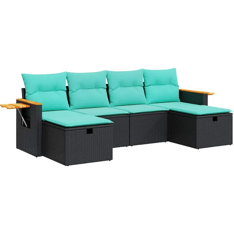 vidaXL 6-delige Loungeset met kussens poly rattan zwart, foto 3