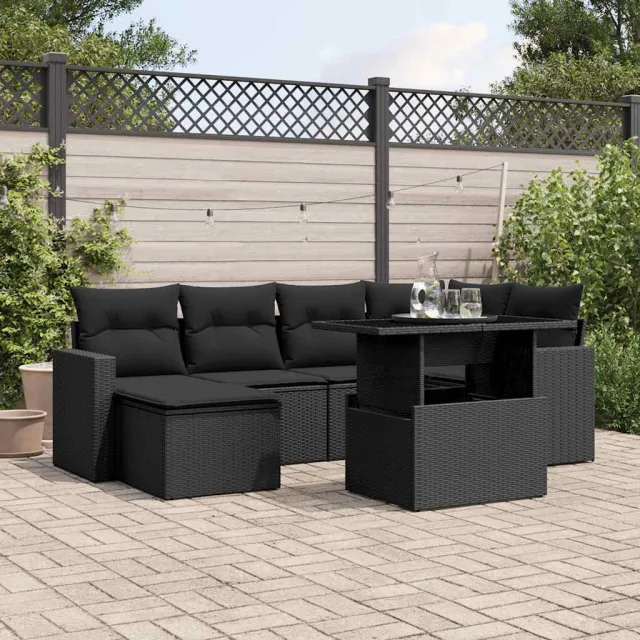 vidaXL 7-delige Loungeset met kussens poly rattan zwart, foto 2