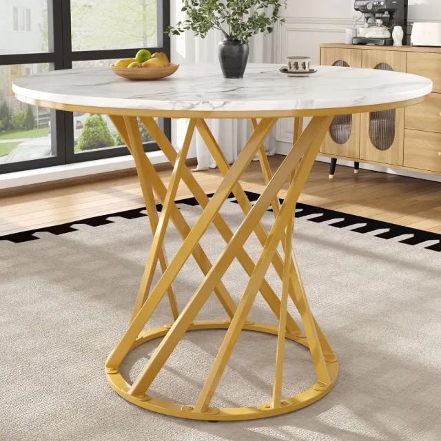 Welltin Ronde Eettafel - Keukentafel - 80 x 80 x 76 cm - Eettafel Voor 4 - Eettafel met Metalen Onderstel - Geschikt voor restaurants en woonkamers - Goudkleurig, wit