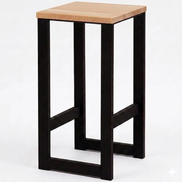 Taborecik Houten Bar Kruk Keuken Stoel H64cm - Industriële Loft Stijl Zwart