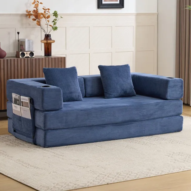 MODENUIT Slaapbank 185 x 92,5 x 60 cm - Opvouwbaar Met Bekerhouder - Woonkamer - Ribfluweel Donkerblauw