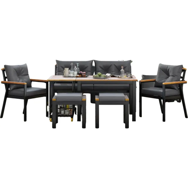 Happiq Eettafelset -Tuinmeubelset - Loungeset - Tuinlounge Lounge Set - Lounge Set - Voor Tuin of Terras - Tuinmeubelen voor 6-7 Personen met Fauteuils & Eetkar - Afneembare en Wasbare Hoezen Grijs