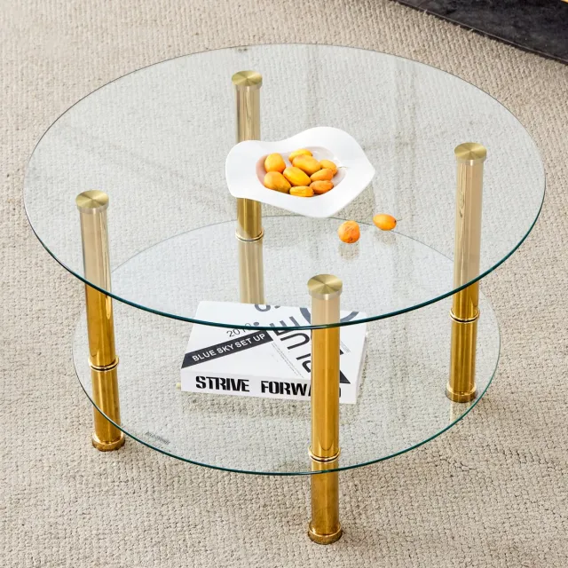 MEUNIQ Ronde salontafel Ø 70 cm met dubbel glazen blad en metalen poten - moderne tweelaagse tafel voor woonkamer - Goud, Transparant