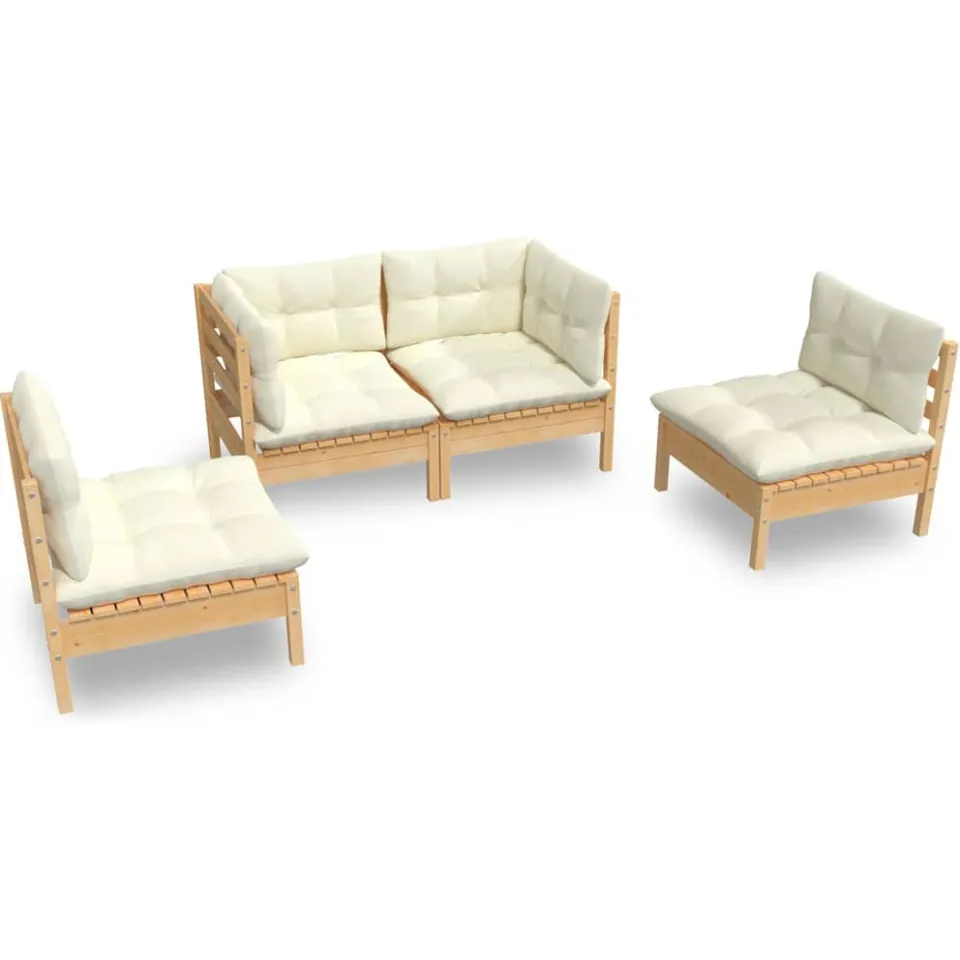 vidaXL 4-delige Loungeset met crèmekleurige kussens massief grenenhout, foto 4