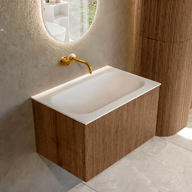 Mondiaz KURVE 70 cm Onderkast Greeploos 1 Lade Zonder Deuren Walnut, Wastafel Solid Surface Volledig Talc 0 Kraangaten Zonder Spiegel (KRVBGS701L0D0KM-Wal/Tal)