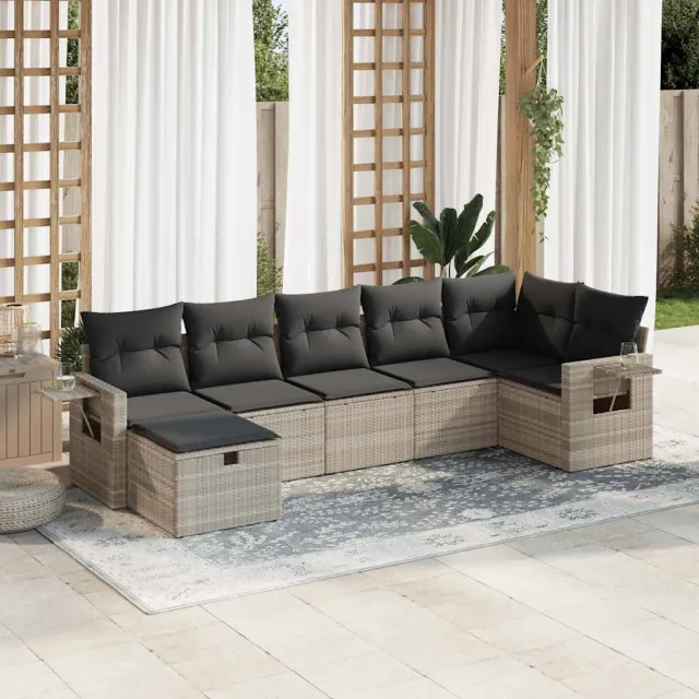 vidaXL 7-delige Loungeset met kussens poly rattan lichtgrijs grijs, foto 2