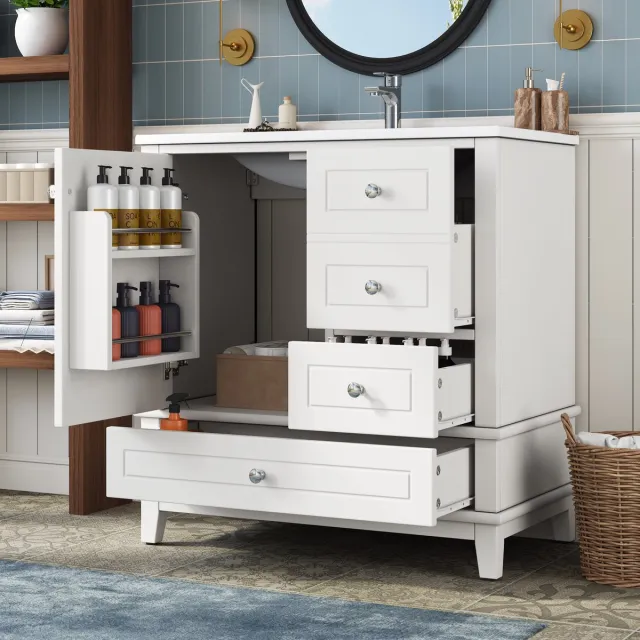 REDOM Badkamer wastafelmeubel - 3 laden en 1 deur - Soft-close - Klassiek - Badkamer - MDF en keramiek - Wit - 81 x 47 x 86 cm