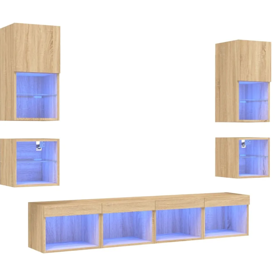 vidaXL 8-delige Tv-wandmeubelset met LED bewerkt hout sonoma eiken Bruin