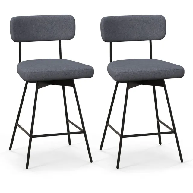Costway Set van 2 barkrukken, draaibaar, barstoel bekleed met rugleuning en voetensteun, 63,5 cm zithoogte, keukenstoel met metalen frame, moderne barkruk voor keuken, eetkamer grijs