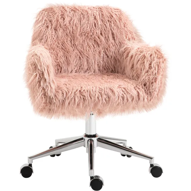 Vinona Bureaustoel - In hoogte verstelbaar - 360° draaibaar - Met kunstbont - 57 x 60 x 75-85 cm - Roze/Zilver