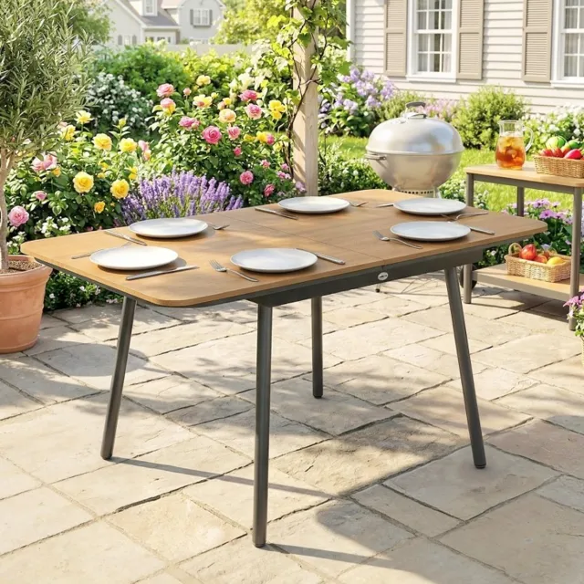 COVREO Tuintafel 140x80 cm teak, metalen frame met WPC tafelblad
