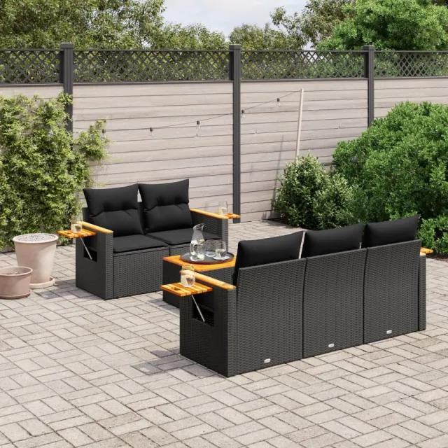 vidaXL 6-delige Loungeset met kussens poly rattan zwart, foto 2