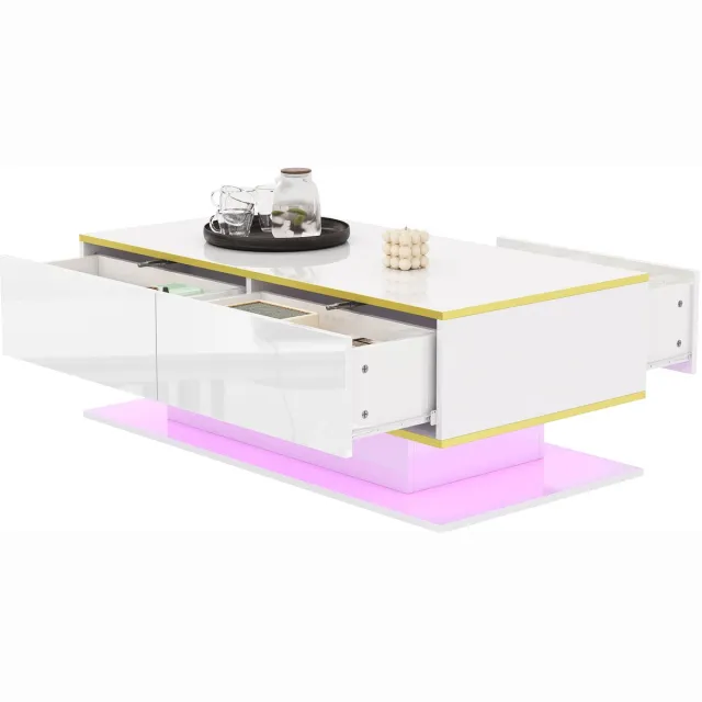Merax Moderne Salontafel 100 x 50 x 40 cm - Wit met Goudkleurige Details - Ledverlichting - 3 Laden - Hoogglans