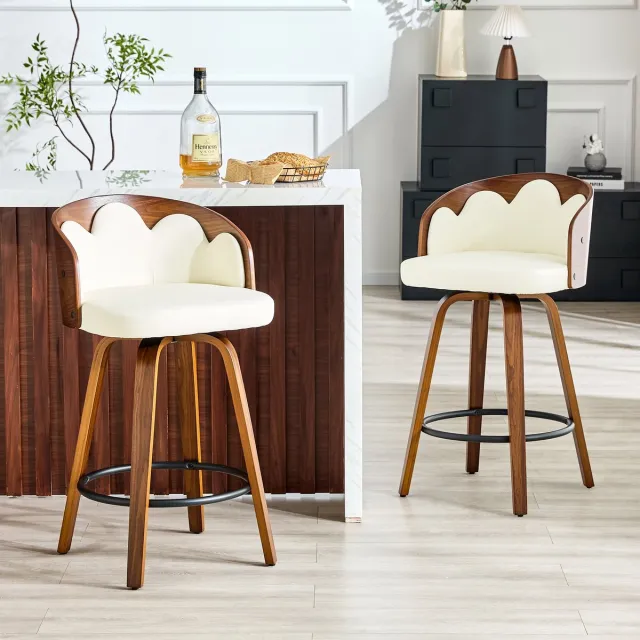 Clruro Barkrukken - 89 cm - 2 Stuks met Bloemrug en Voetsteun - Hout en PU-Leer - Bruin/Crème Wit