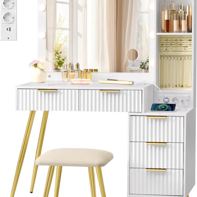 FurnStar Kaptafel met Kruk & Spiegel – Cosmeticatafel met Lades – 10x Vergrotende Spiegel – LED Verlichting – Sieradenlade – Oplaadstation – 40 x 110 x 135 cm – Wolkenwit