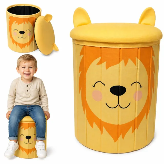 LUXALIVING Kinderpoef Leeuw met Opbergruimte – Opbergpoef met Deksel – Zitpoef voor Kinderen – Geel – 28x28x34 cm