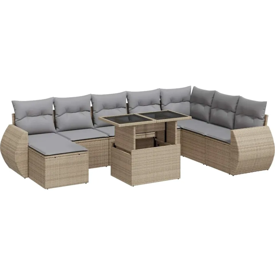 vidaXL 9-delige Loungeset met kussens poly rattan beige, foto 3