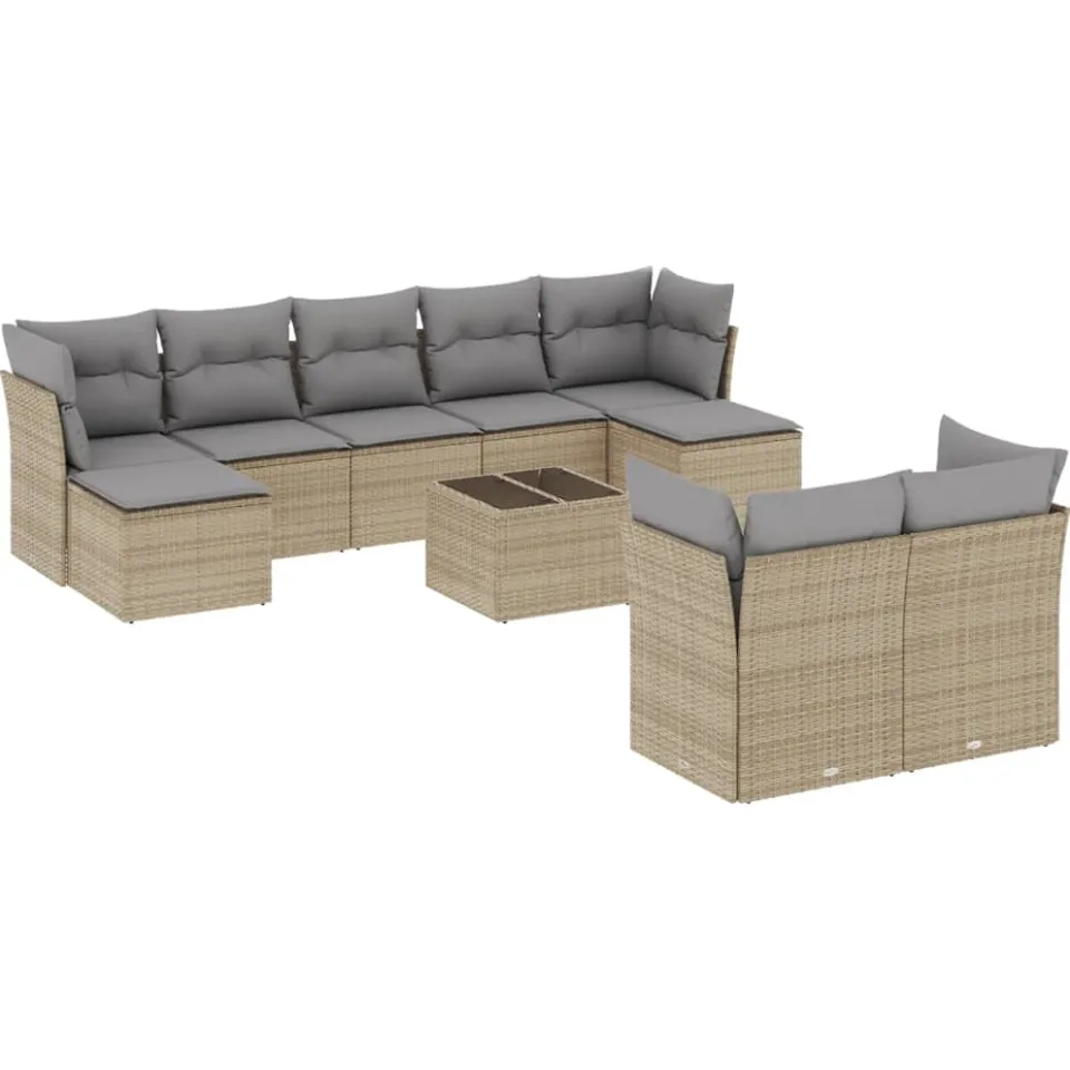 vidaXL 10-delige Loungeset met kussens poly rattan beige