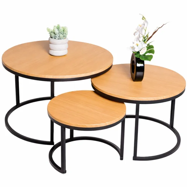 Tuuso Luxe Ronde Salontafel Set – Eikenhoutlook met Zwart Frame – 3-delig & Inschuifbaar – Industrieel & Modern Design licht eiken