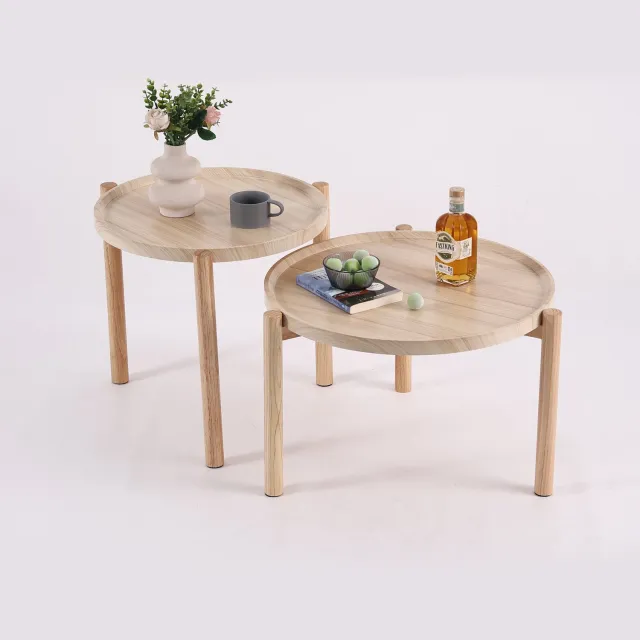 Danky Ronde Salontafel Set van 2 - Inschuifbaar Ruimtebesparend Design - Natuurlijke Houtlook - Voor Woonkamer en Balkon Natuurlijk