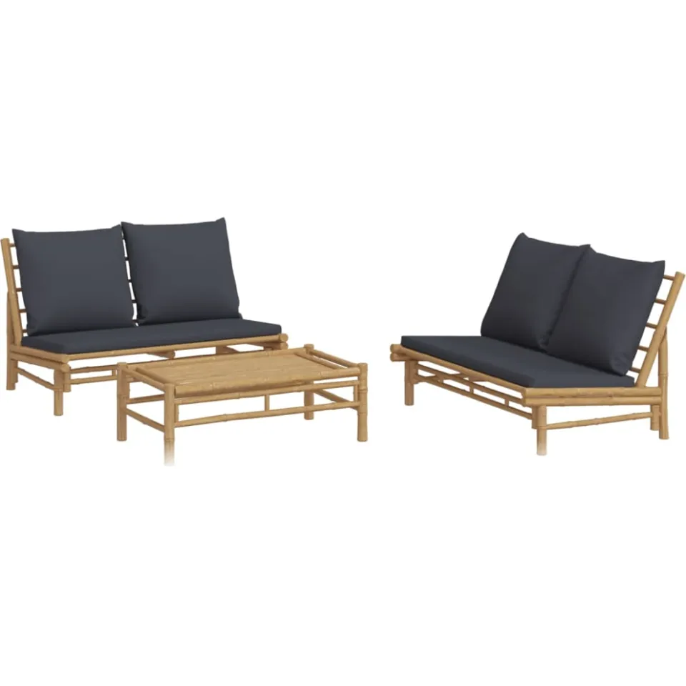 vidaXL 3-delige Loungeset met kussens bamboe donkergrijs Bruin