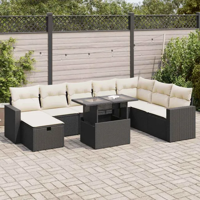 vidaXL 9-delige Loungeset met kussens poly rattan zwart, foto 2