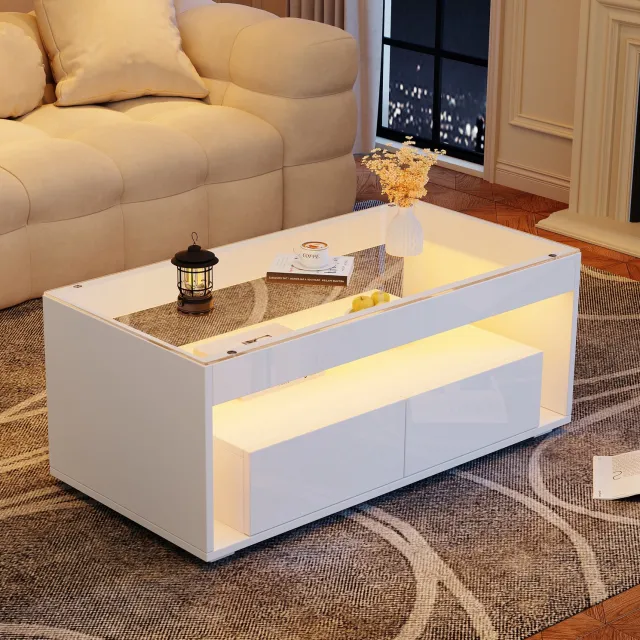 CHICFURN Salontafel - LED-verlichting - 2 lades - Wit