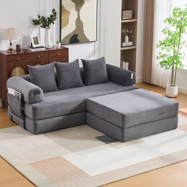 MODENUIT Hoekbank 200 x 190 cm - Modulair Met Hocker En Zijvak - Voor Woonkamer En Appartement - Cord Donkergrijs