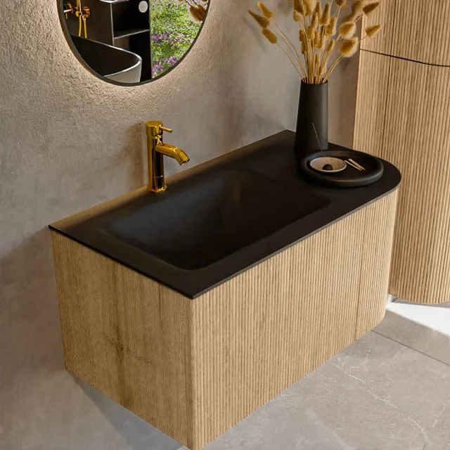 Mondiaz KURVE 85 cm Onderkast Greeploos 1 Lade Met Deuren Oak, Wastafel Solid Surface Links Urban 1 Kraangat Zonder Spiegel (KRVCLO85R1L1D1KL-Oak/Urb)