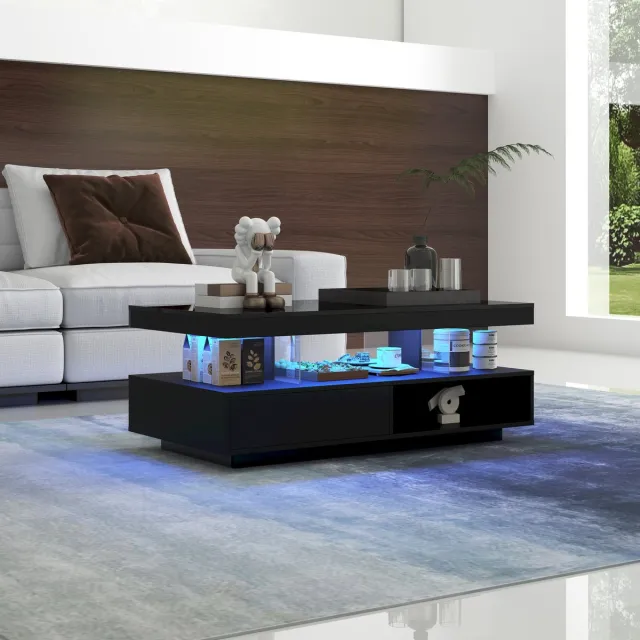 STILVORA Salontafels - Moderne Salontafel Met LED En Glasplaten - 2 Lades En Open Vakken - 95x50x42,5 cm - Hout - Zwart