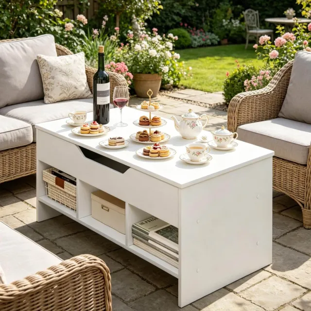MIVRAY Salontafel - Opklapbaar Tafelblad Met Verborgen Opbergruimte - Voor Woonkamer En Tijdelijk Werken - Hout En Metaal - Wit - 96x51x60,5 Cm