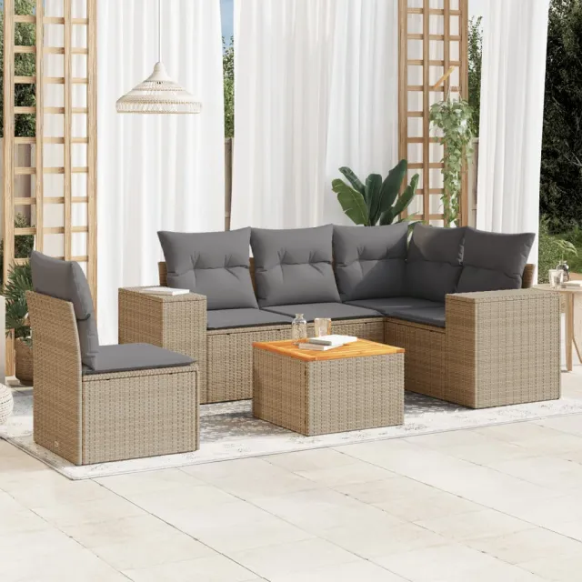 vidaXL 6-delige Loungeset met kussens poly rattan beige, foto 2