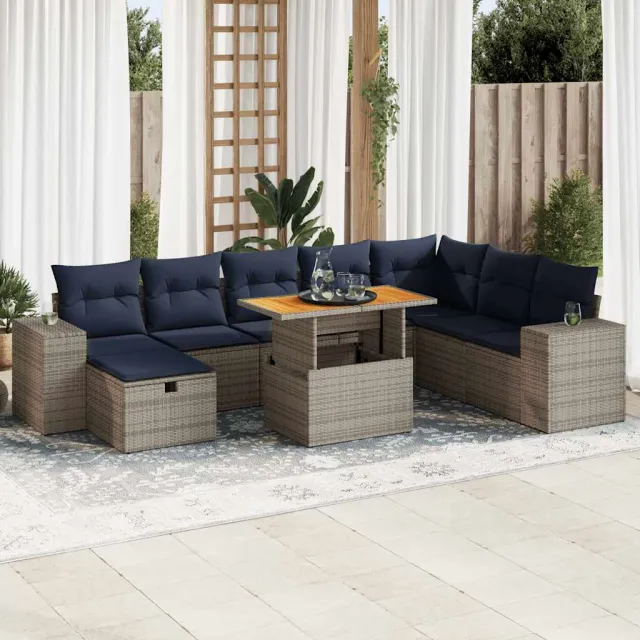 vidaXL 9-delige Loungeset met kussens poly rattan acacia grijs, foto 2